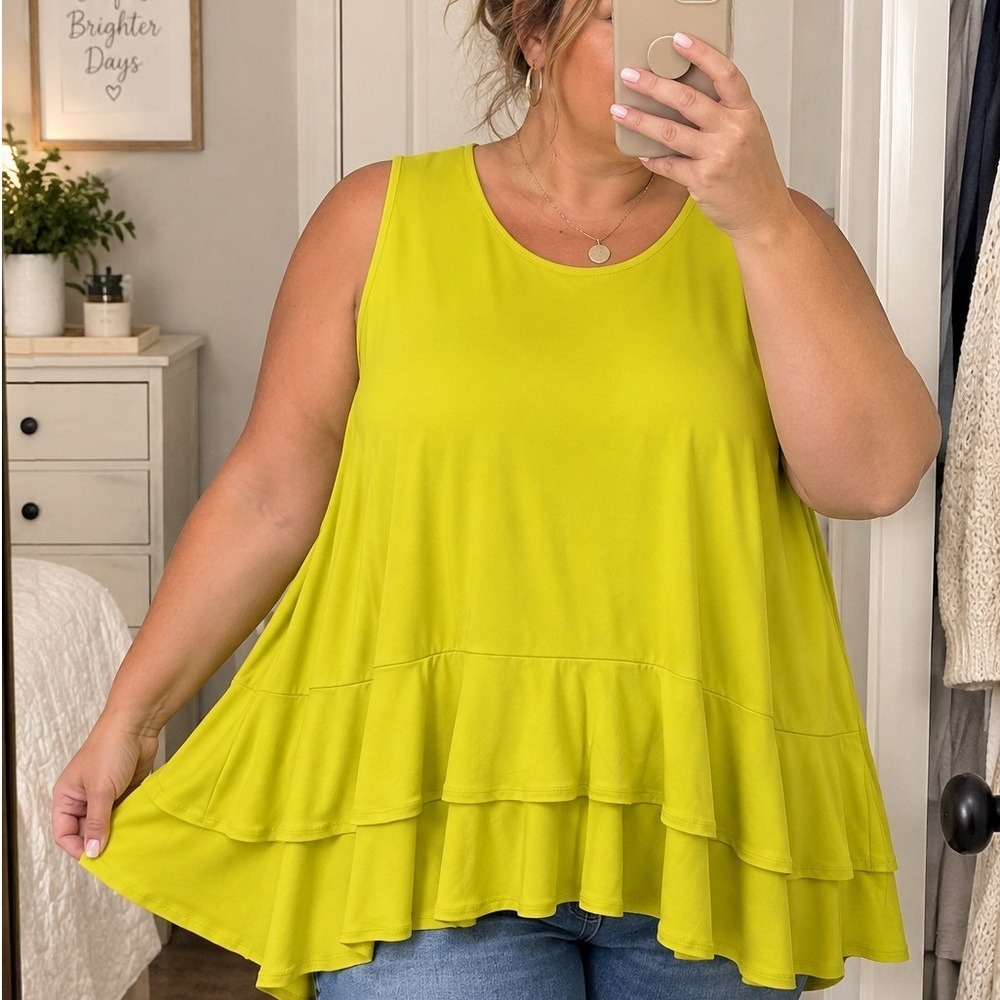usan Graver Tunic Top 3X Chartreuse Tiered Ruffle Hem Stretch Keyhole NWOT